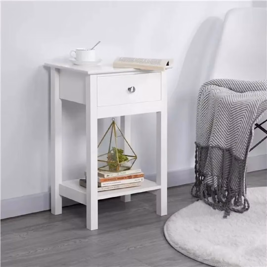 EONLION White Wooden Bedside Table with Drawer and Shelf Storage – 2