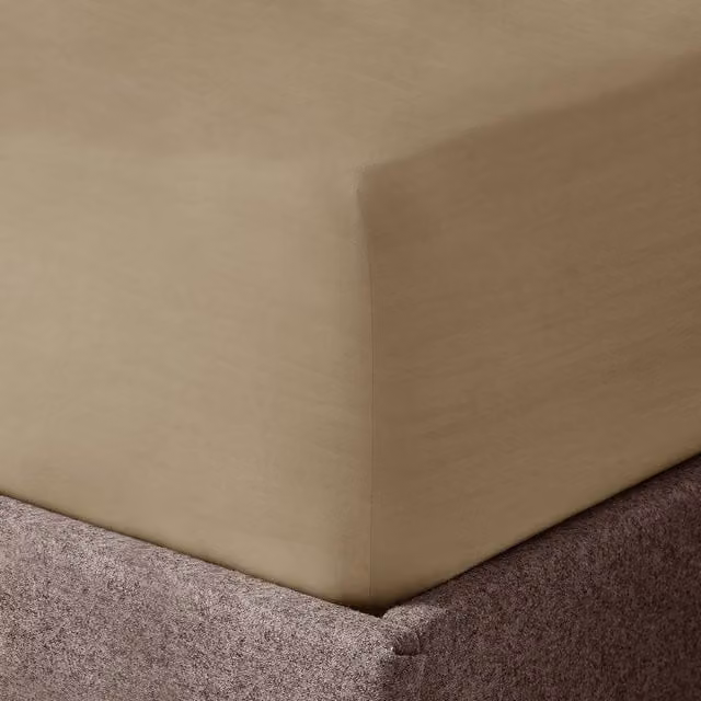 Velosso Washed Linen Look Fitted Sheet in Beige, Single, W/D/H: 90 x 200 cm