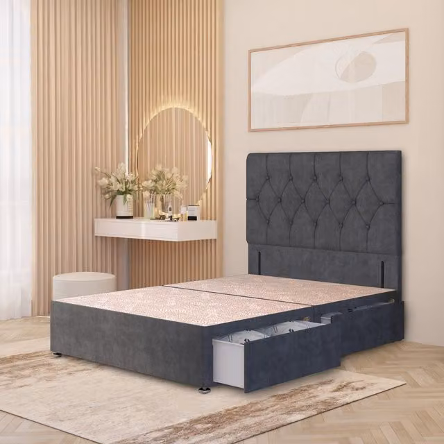 Somnior Beds Ltd Chesterfield Velvet Divan Bed Base with Drawers in Grey, W/D: 140 x 200 cm