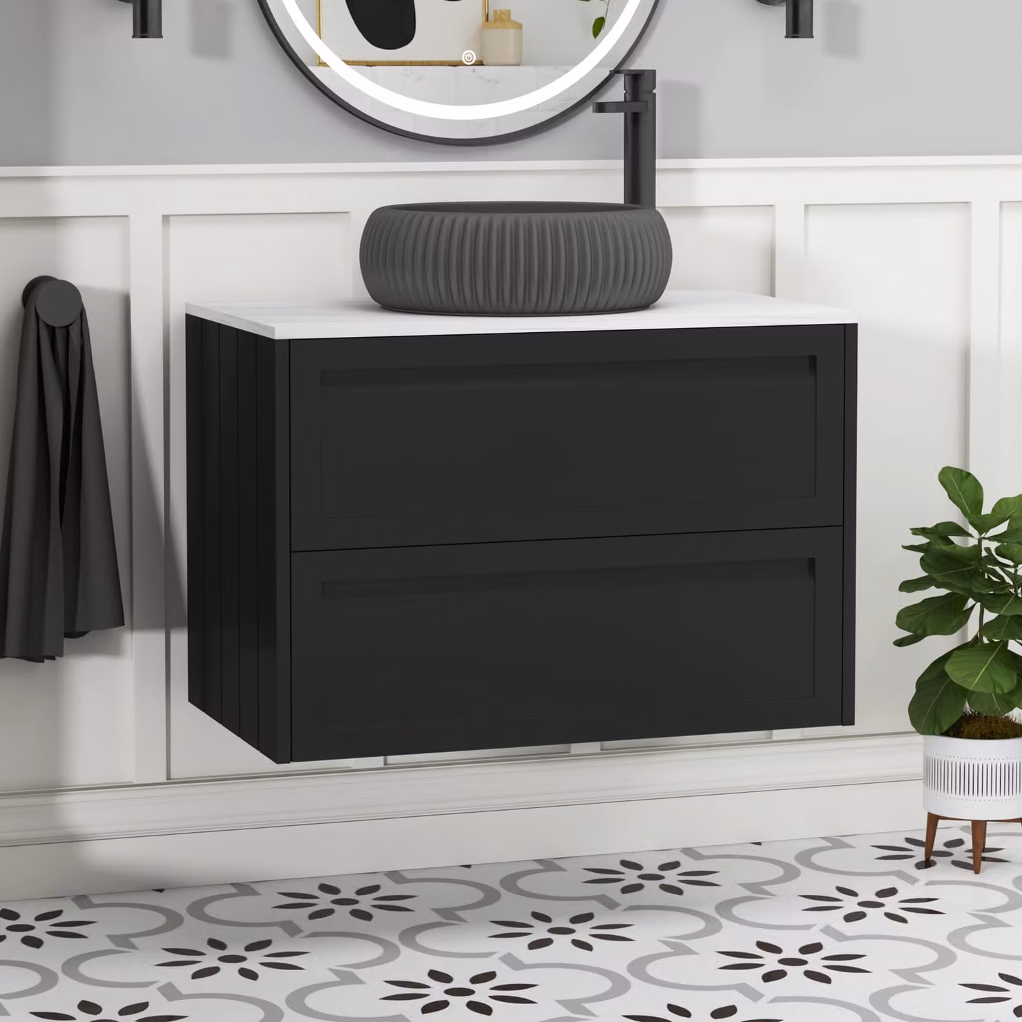 Royal Bathrooms Elmore Wall Hung Vanity Unit with 2 Drawers and Milan Black Basin, Matt Nocturne Black, Width: 80 cm