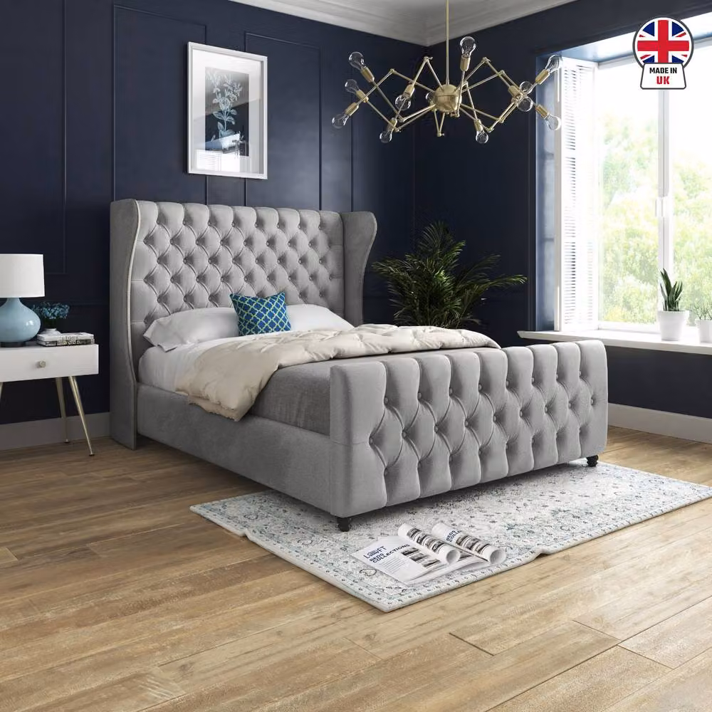 KDMD Kilburn Upholstered Grey Velvet Designer Bed Frame, W/D/H: 200 x 137 x 189 cm – 3