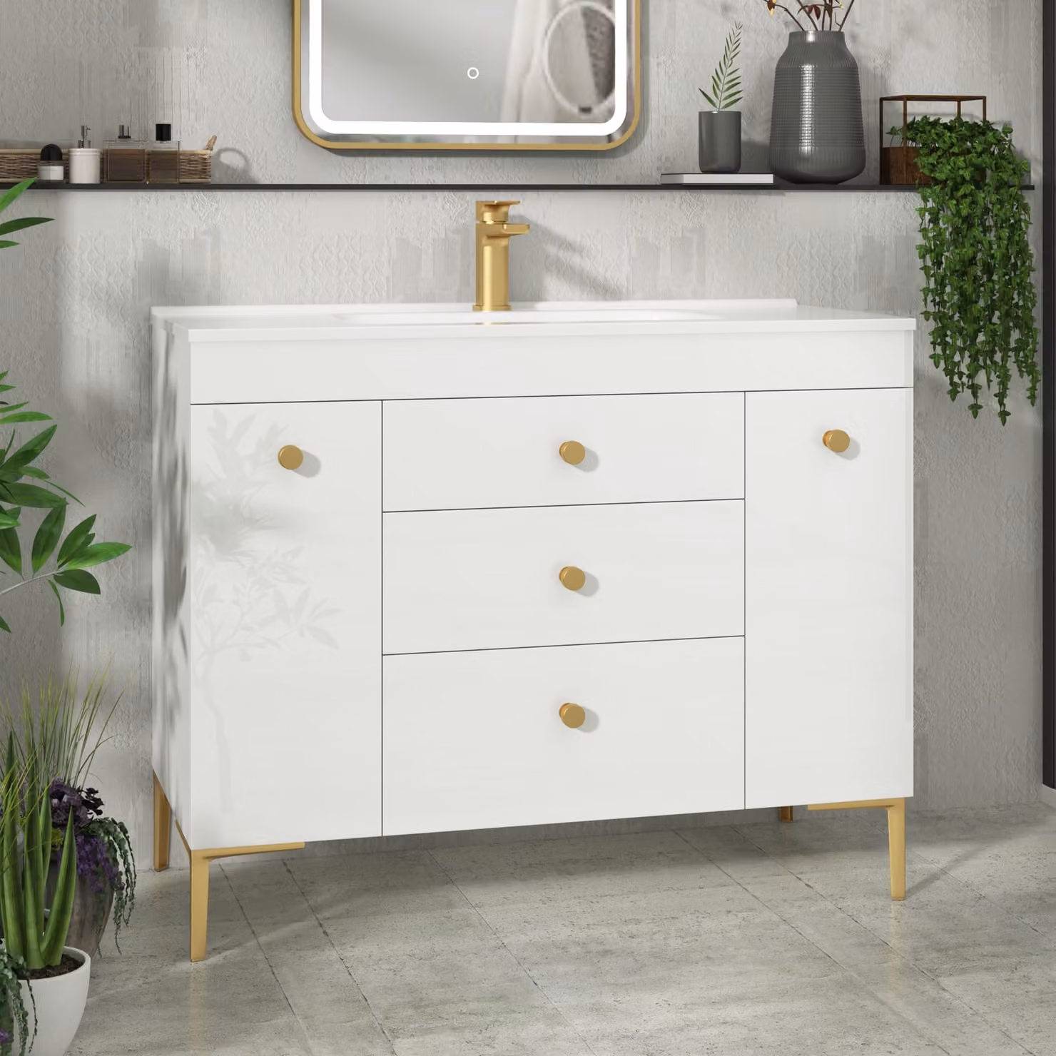 Royal Bathrooms Verona Gloss White Floor Standing Vanity Unit with Ceramic Basin and Brushed Brass Knob, W: 100 cm