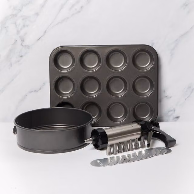 Masterclass 24-Piece Non-Stick Grey Baking Set with Round 12-Hole Muffin Tray, Biscuit Press and Icing Set