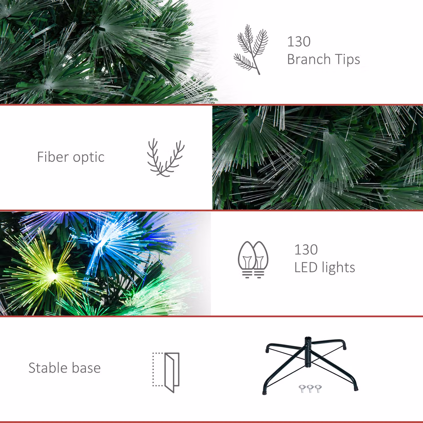 HOMCOM 1.2m Tall Green Artificial Fiber Optic Christmas Tree with Multicolour LED Lights and Flash Mode – 6