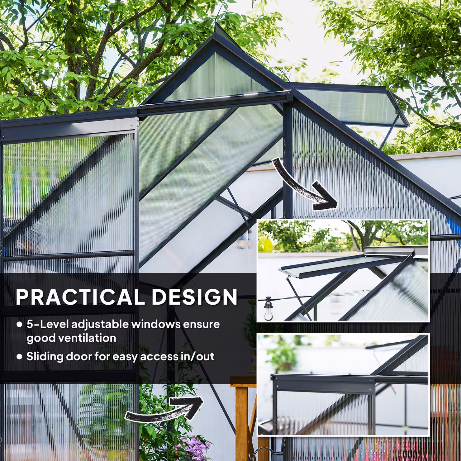 Outsunny Grey Walk-In Polycarbonate Greenhouse with Sliding Door and Rain Gutter, W/D/H: 190 x 190 x 200 cm – 4