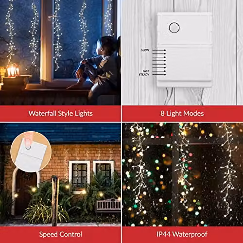 The Christmas Workshop 70439 Waterfall Curtain Chaser LED Lights, Warm White, 240 LEDs, 5m Lead Wire, IP44 Waterproof for Indoor and Outdoor Use – 2