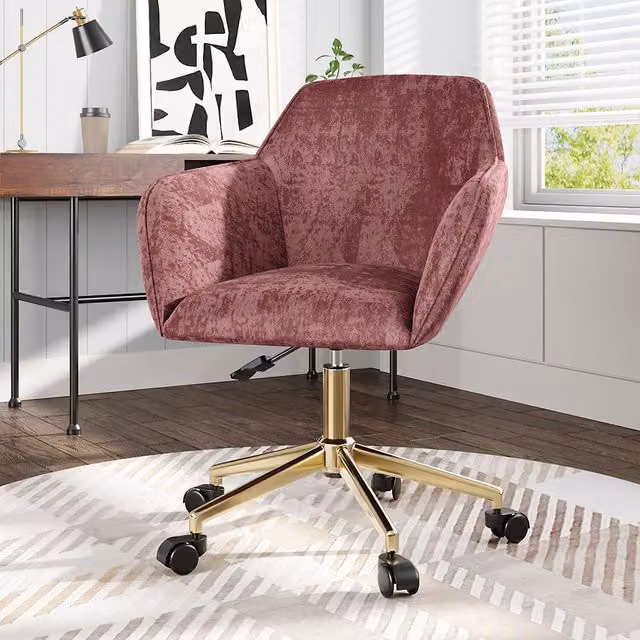 Komore Modern Pink Velvet Upholstered Swivel Task Chair with Gold Metal Base