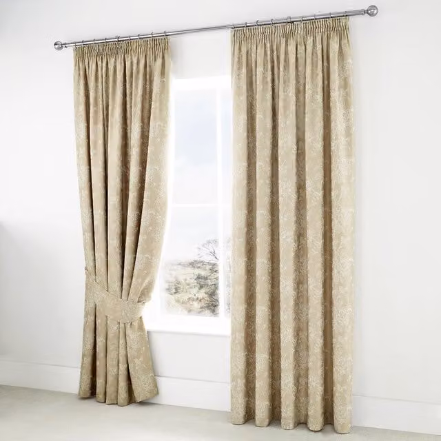 Dreams & Drapes Jasmine Floral Jacquard Pencil Pleat Curtains in Beige and Gold, Width: 168 cm, Drop: 183 cm