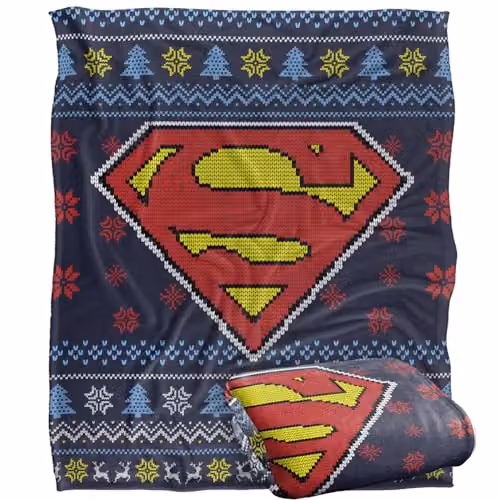 LOGOVISION Superman Ugly Christmas Sweater Logo Soft Fleece Throw Blanket, White, W: 152 cm, D: 127 cm