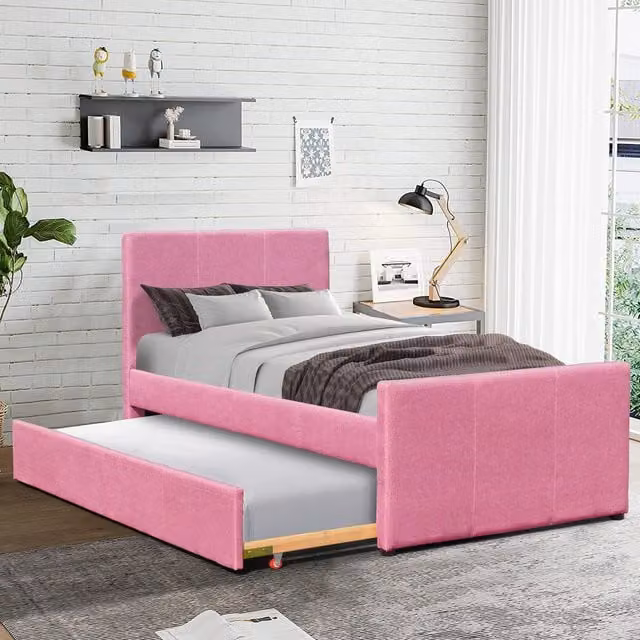 Comfy Living Pink Upholstered Fabric Single Bed Frame with Trundle for Children, W/D/H: 90 x 190 cm