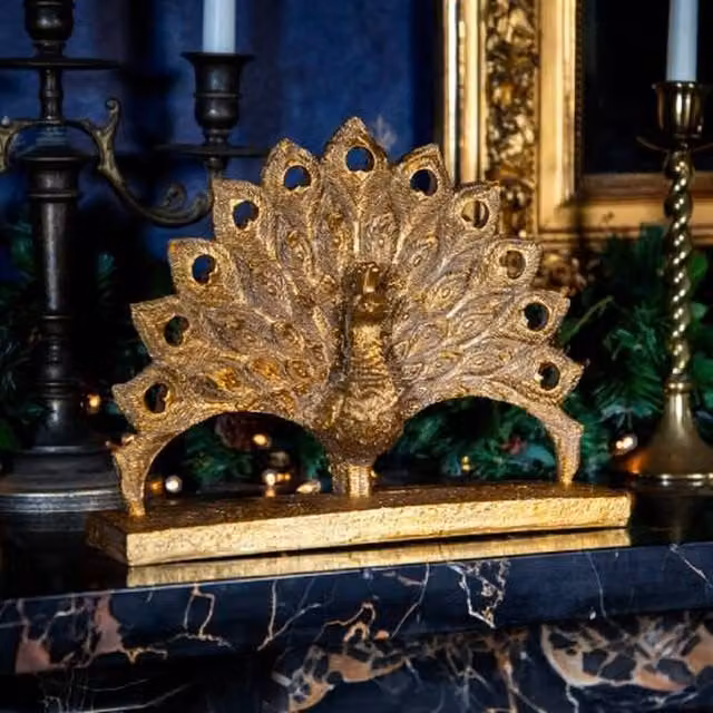 Madison & Mayfair Antique Gold Fan Tail Peacock Tabletop Ornament, H 30.5 cm x W 23.5 cm x D 8.0 cm – 1