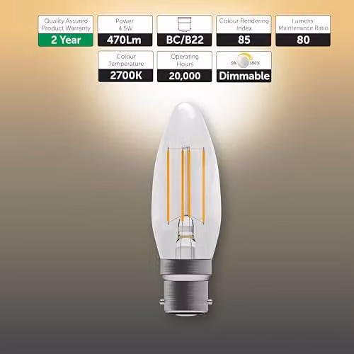 BELL Lighting B22 Dimmable LED Filament Candle Bulbs, Warm White, 4.5W, Pack of 6 – 2