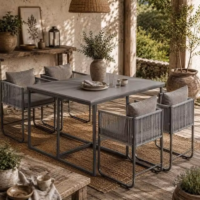 Wyld Haus Donino 4 Seater Grey PE Rattan Garden Dining Set with Wood Effect Table