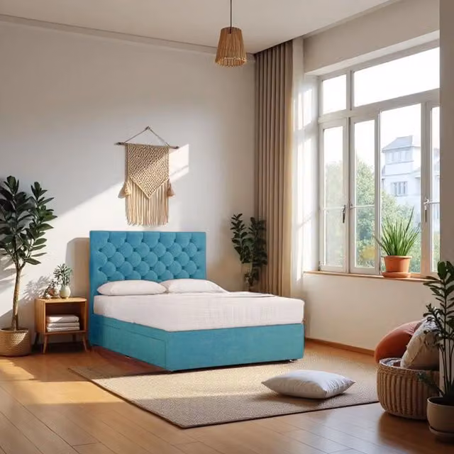 Knight Sleep Athens Plush Bed Set with Hybrid Mattress and 2 Drawers in Light Blue, Small Double, W/D/H: 120 x 200 x 25 cm – 1