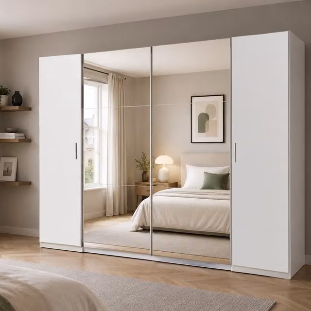 KDMD Lotto 4 Door Mirrored Sliding Wardrobe in Matt White, Width: 315 cm