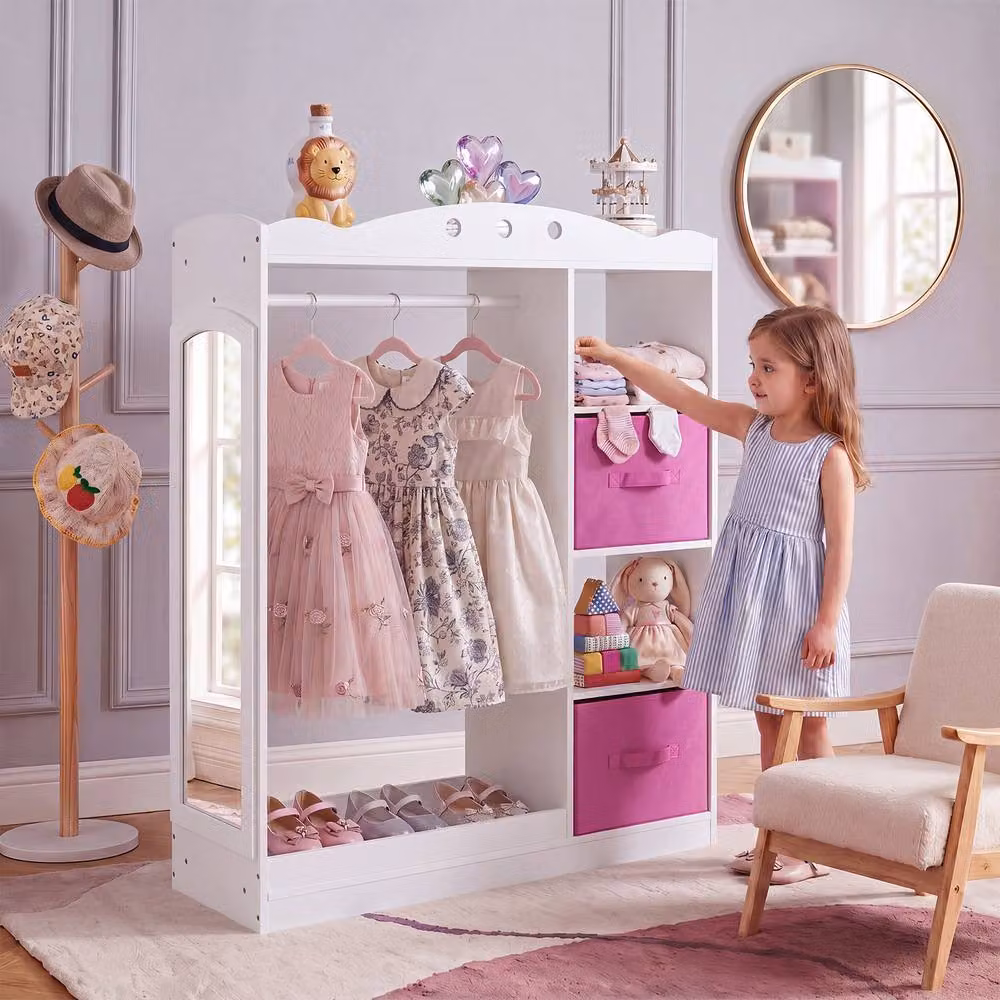 CASART Kids Dress Up Wooden Wardrobe Closet with Full Length Mirror and Integrated Drawers, White – 2