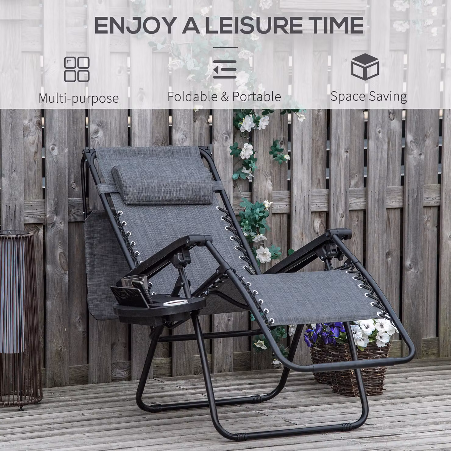 Outsunny 2 Piece Foldable Zero Gravity Reclining Garden Sun Lounger Set with Canopy, Adjustable Headrest and Side Tray, Light Grey – 4
