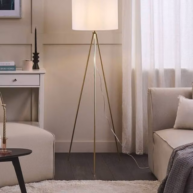 Wyld and Coco Home Gold Tripod Floor Lamp with White Cylinder Fabric Shade, Height: 148 cm