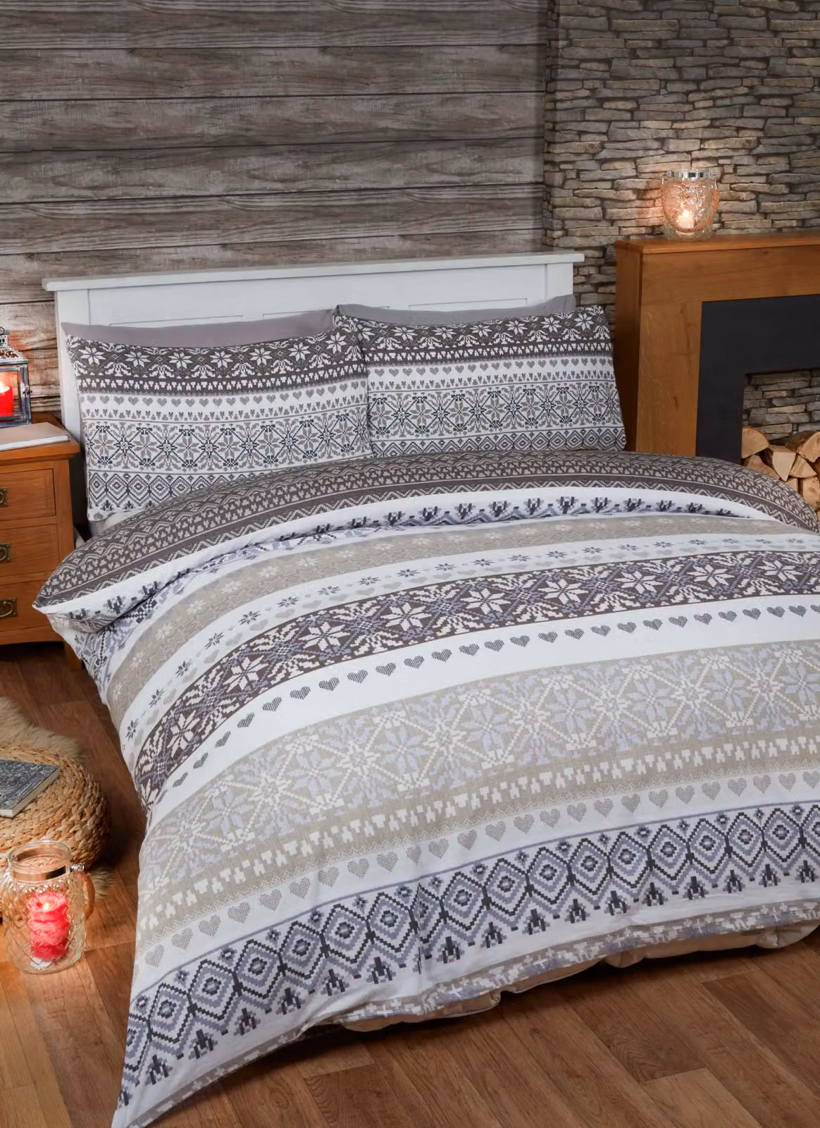 Tony's Textiles Fairisle Scandinavian Pattern Brushed Cotton Flannelette Duvet Cover and Pillowcase Set in Beige – 1