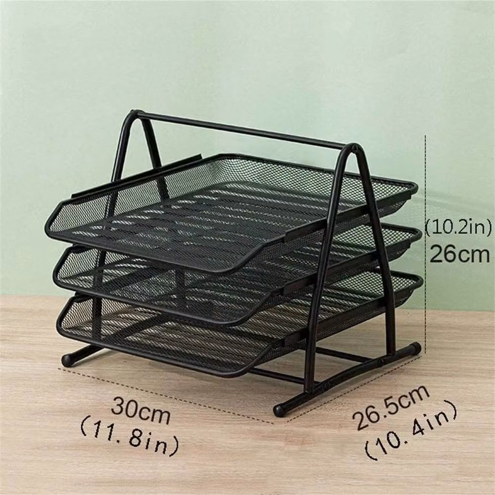 VOGREX Black Metal Mesh 5-Piece Office Desk Organiser Set with 3-Tier Paper Tray and Pencil Cup – 2