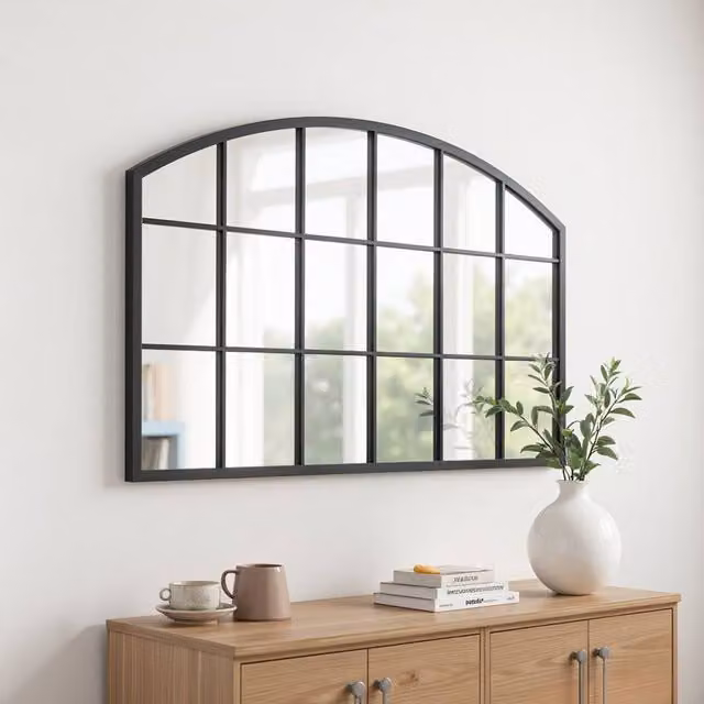 Garden Sanctuary Modern Arched Wall Mirror with Black Wood Frame