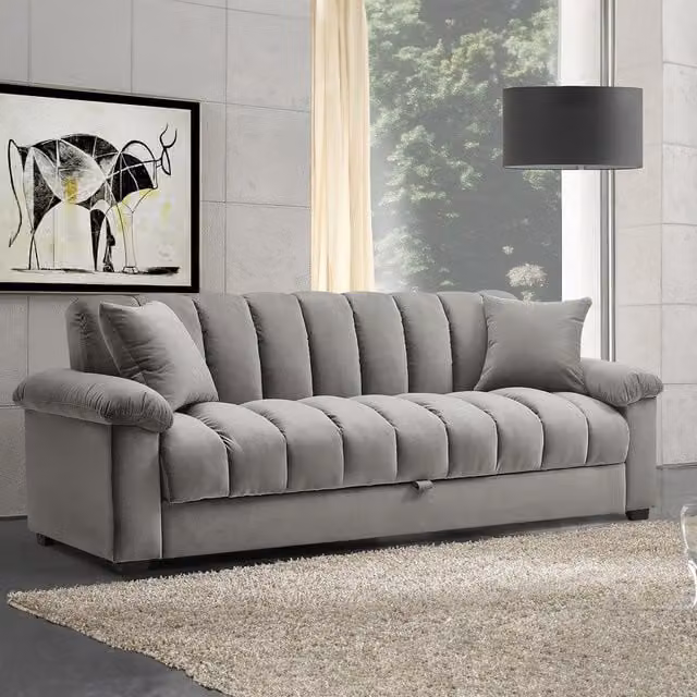 Livingandhome Grey Velvet Fabric Sofa Bed with Pull Out Drawer and Scatter Cushions