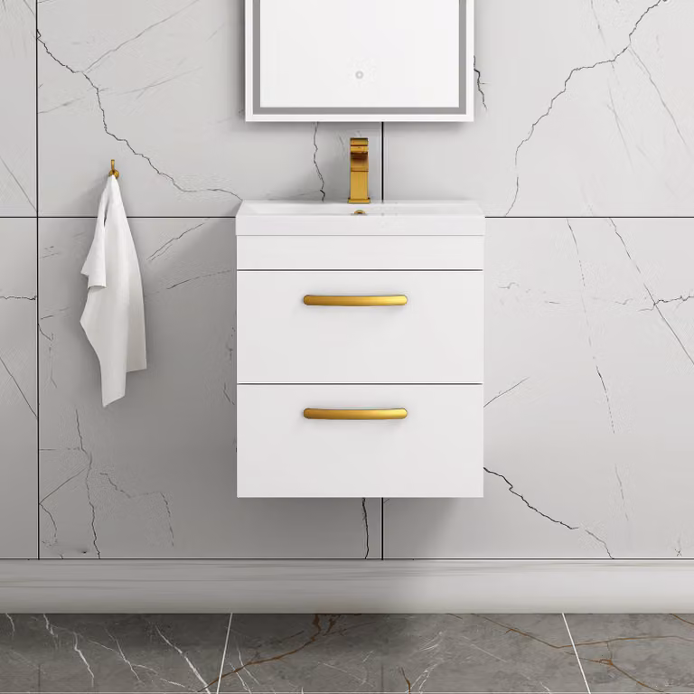 Royal Bathrooms Turin 500mm Wall Hung Gloss White Vanity Unit with 2 Drawers and Brushed Brass Handle