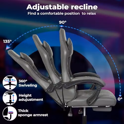Levede Ergonomic Gaming Chair in Grey with Headrest, Adjustable Lumbar Support and Footrest – 13