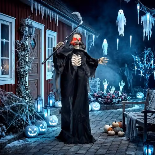 HOMCOM Life Size Animated Grim Reaper Halloween Decoration in Black and Red, Height: 170 cm – 3