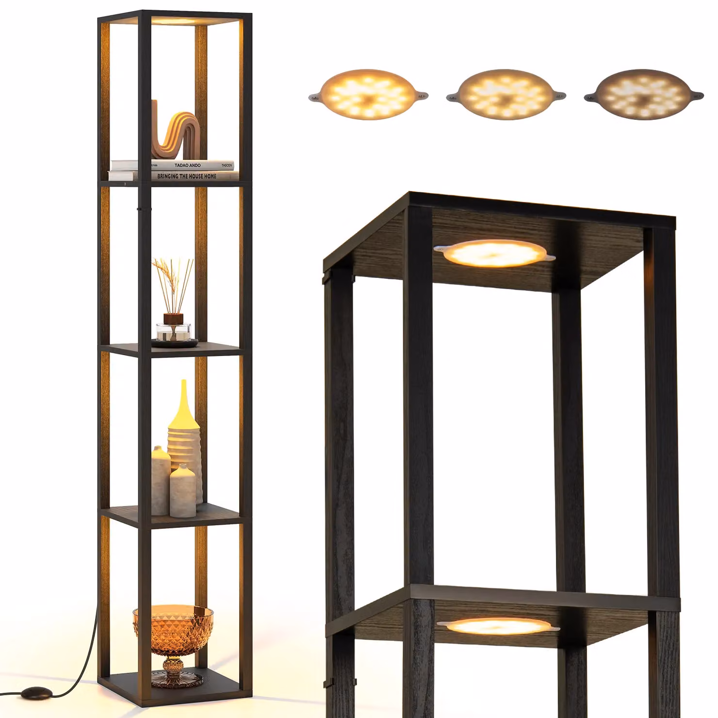 Costway Black LED Floor Lamp with 4-Tier Wood and Metal Shelves and Dimmable Adjustable Lighting – 4
