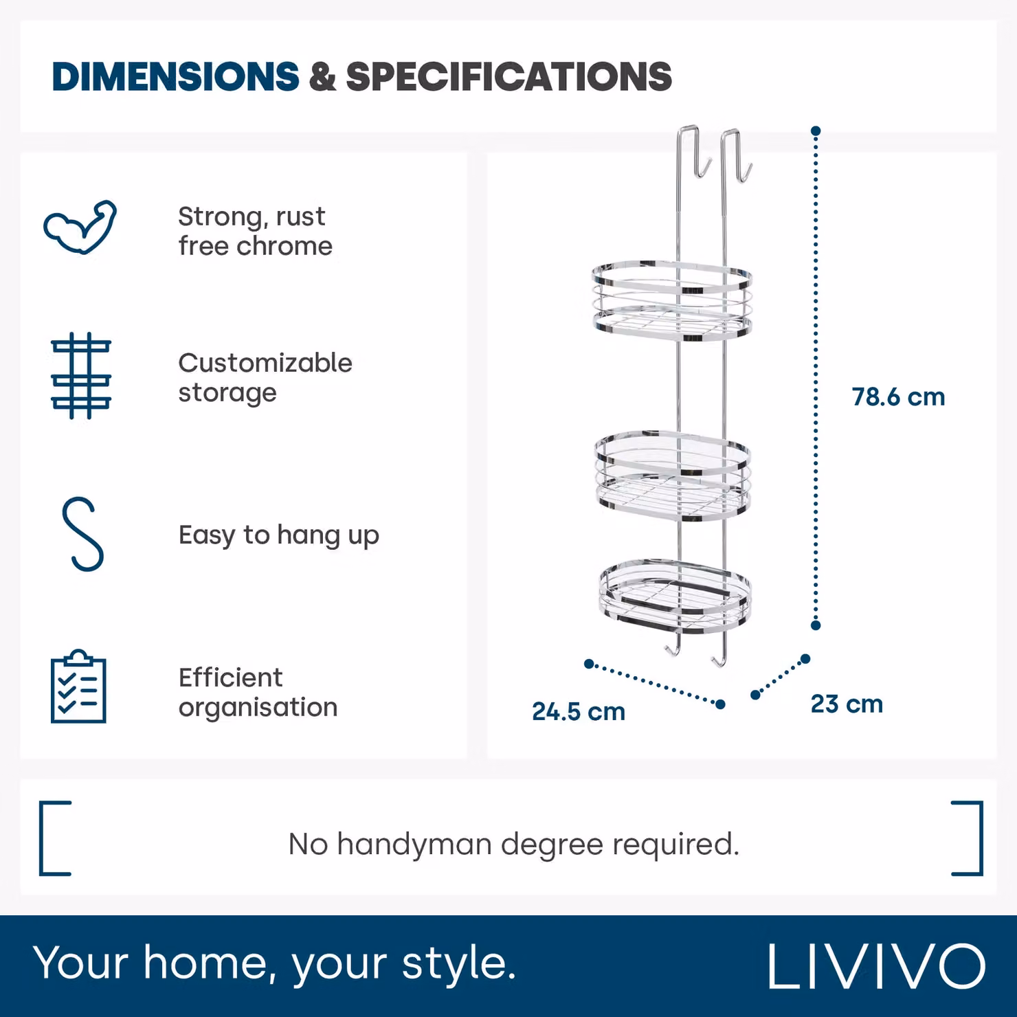 LIVIVO 3 Tier Over Shower Door Hanging Rack Bathroom Caddy Storage Organiser in Metallic Silver – 3