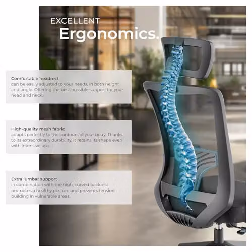 tectake Ergonomic Office Chair in Black with Headrest, Armrests and 360 Degree Swivel Function – 5