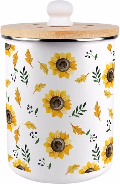 Purely Home Metal Food Waste Caddy with Flip Lid, Sunflowers Print, Yellow and White, 2 l