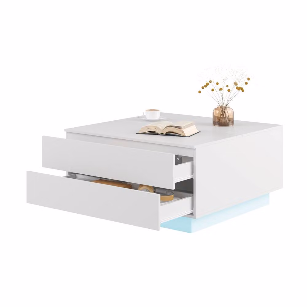 KEEPREAPER Modern Square Coffee Table with Storage and LED Light in White – 2