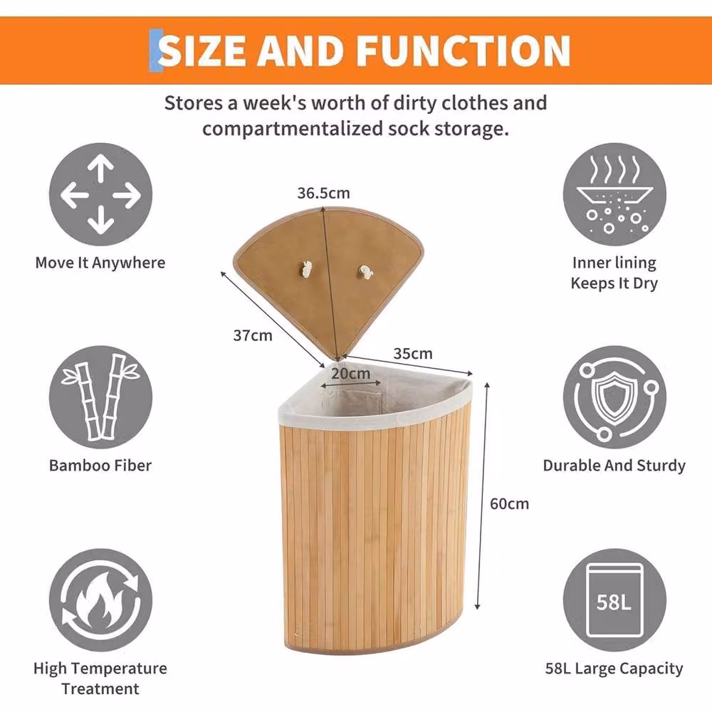 VOGREX Bamboo Laundry Hamper with Removable Bag, Beige, 58L – 2