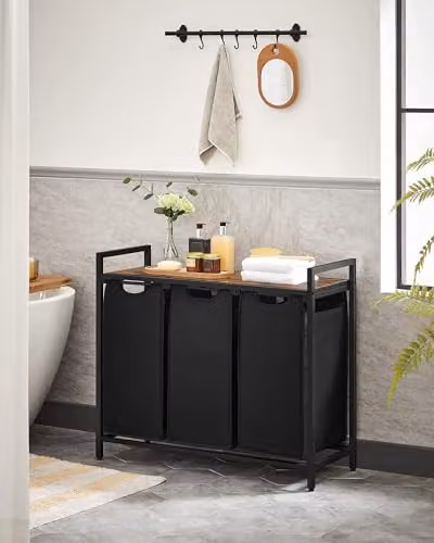 Hygrad Large Industrial Wooden and Metal Laundry Hamper Organiser with 3 x 30L Removable Bags in Black or Brown – 1