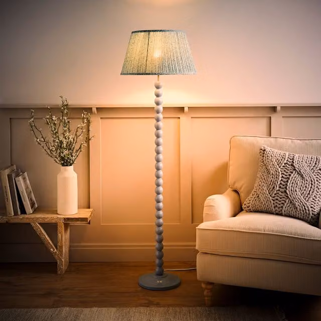 ValueLights Bobbin Bobbles Floor Lamp with Leaf Pleated Taper Shade and Bulb in Blue and Green