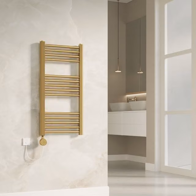 Banyetti Aureli Brushed Brass Electric Ladder Towel Rail Radiator in Gold, W: 800 mm, H: 400 mm