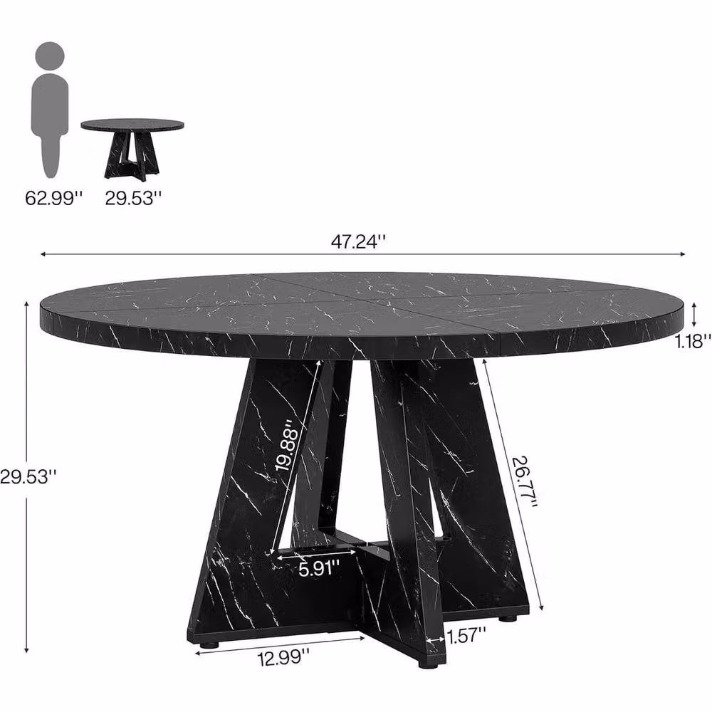 PAWNORA Round Farmhouse Wooden Dining Table in Black, Diameter: 119.38 cm – 2