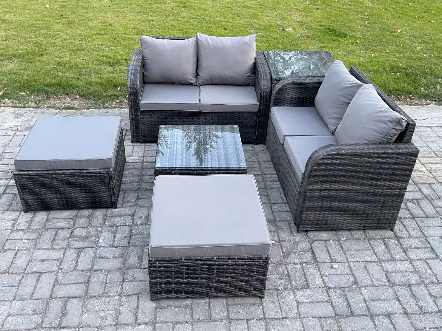 Fimous 6 Seater Grey Rattan Garden Furniture Set with L-Shape High Back Sofa, Square Coffee Table and 2 Ottomans – 2