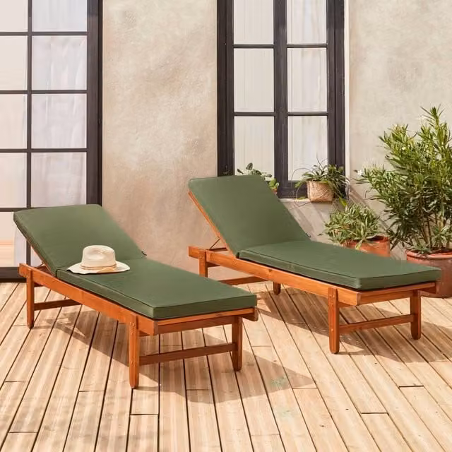 sweeek Pair of Multi-position Wooden Sun Loungers with Wheels in Khaki, featuring Acacia Wood and Weatherproof Polyester Cushions – 1