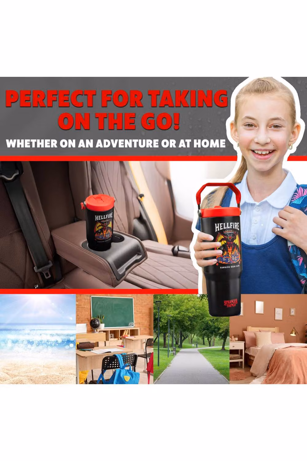 Get Trend Stranger Things Hellfire Insulated Metal Tumbler with Straw and Handle, Black/Red, 850ml – 9