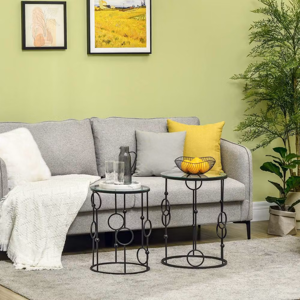 STILVORA Nesting Round Coffee Table Set of 2 with Black Glass and Metal Tops – 3