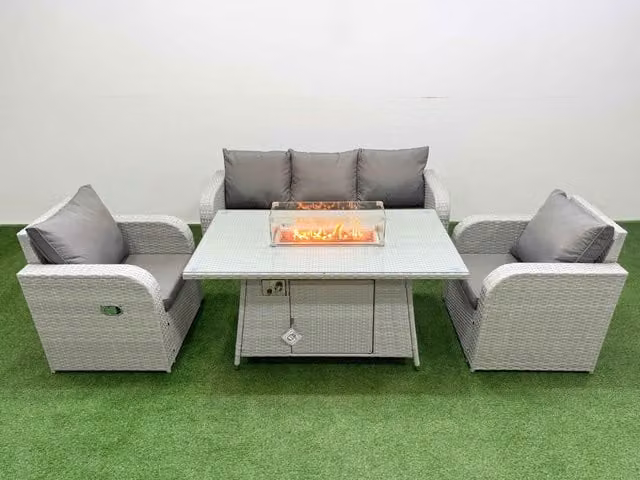 Fimous PE Rattan Garden Furniture Set with Reclining Chairs, Lounge Sofa, Firepit and Dining Table in Light Grey