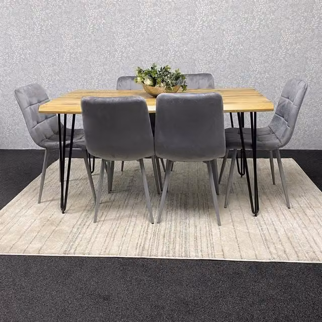 Kosy Koala Rustic Wood Dining Set with 6 Chairs and Rectangular Table in Grey and Black, W: 140 cm