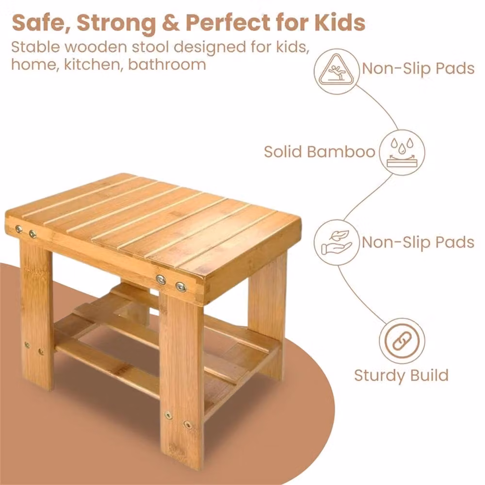 Nordara Bamboo Step Stool Seat with Storage Shelf in Beige – 3