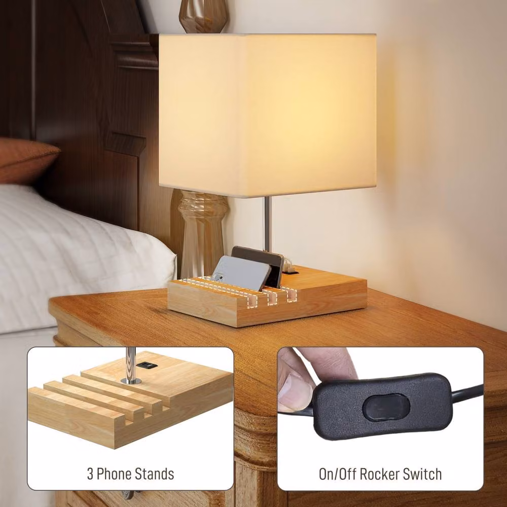 Wyld Haus Hael Wood and Fabric Table Lamp with USB A and USB C Charging Phone Stands in White – 5