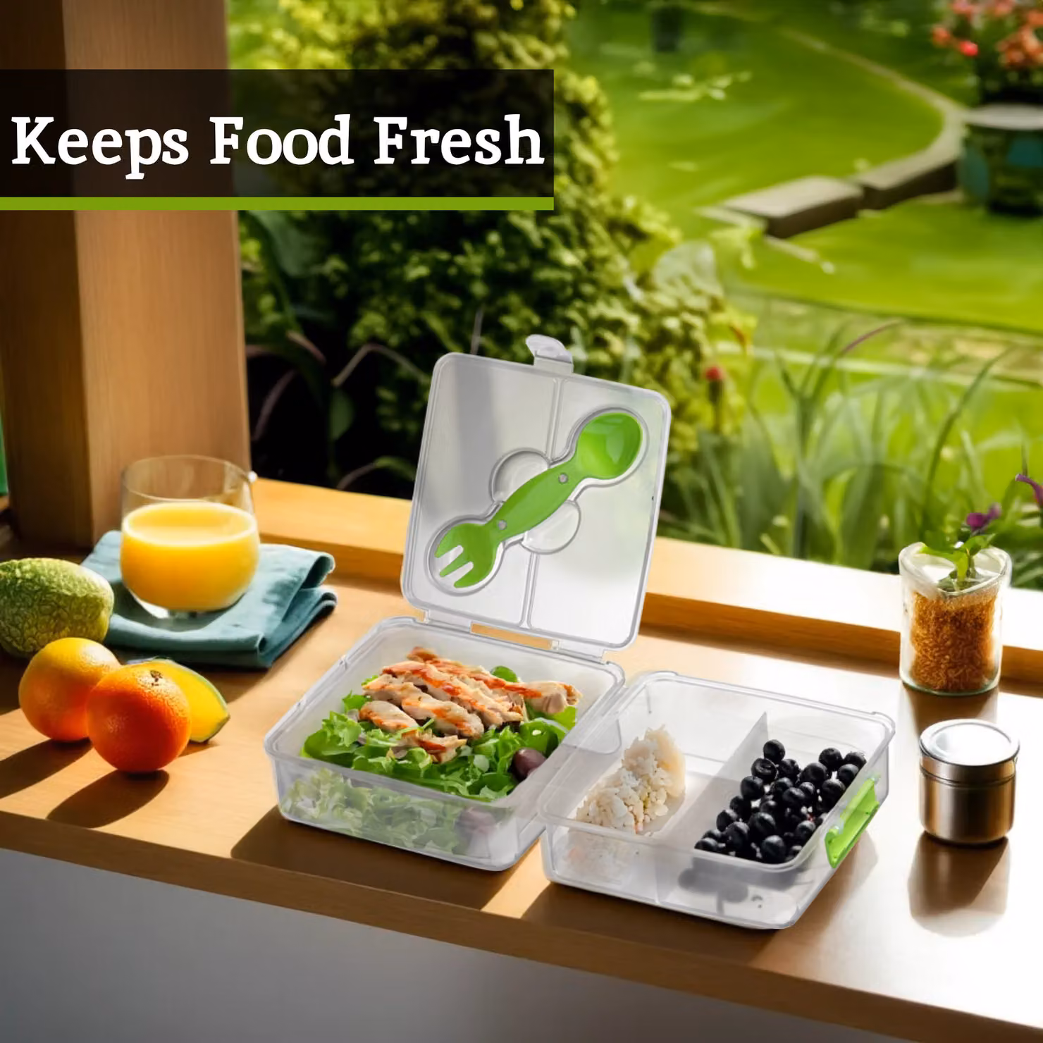 Orsina Leakproof Organised Lunch Box with Dividers and Cutlery, Transparent and Green – 2