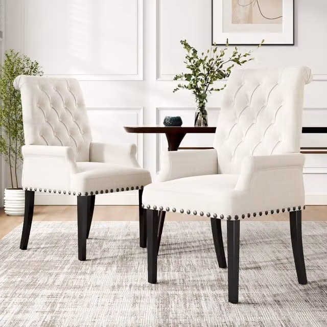 Komore Linen Upholstered Dining Armchair with Rubberwood Frame in Beige and White