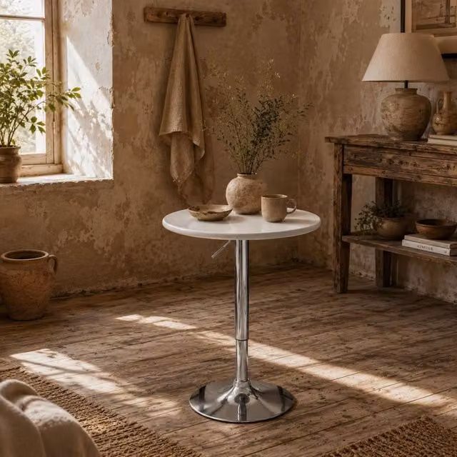 Wyld Haus Nisapa White Round Bar Table with Adjustable Height, Rotating Top and Steel Base, W/D/H: 61 x 61 x 97 cm – 1